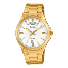 Gold Casio watch with a white dial on a white background