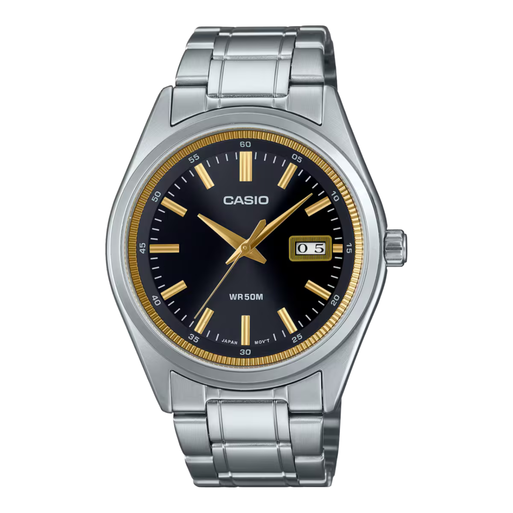 Casio watch with silver bracelet and black dial on a white background