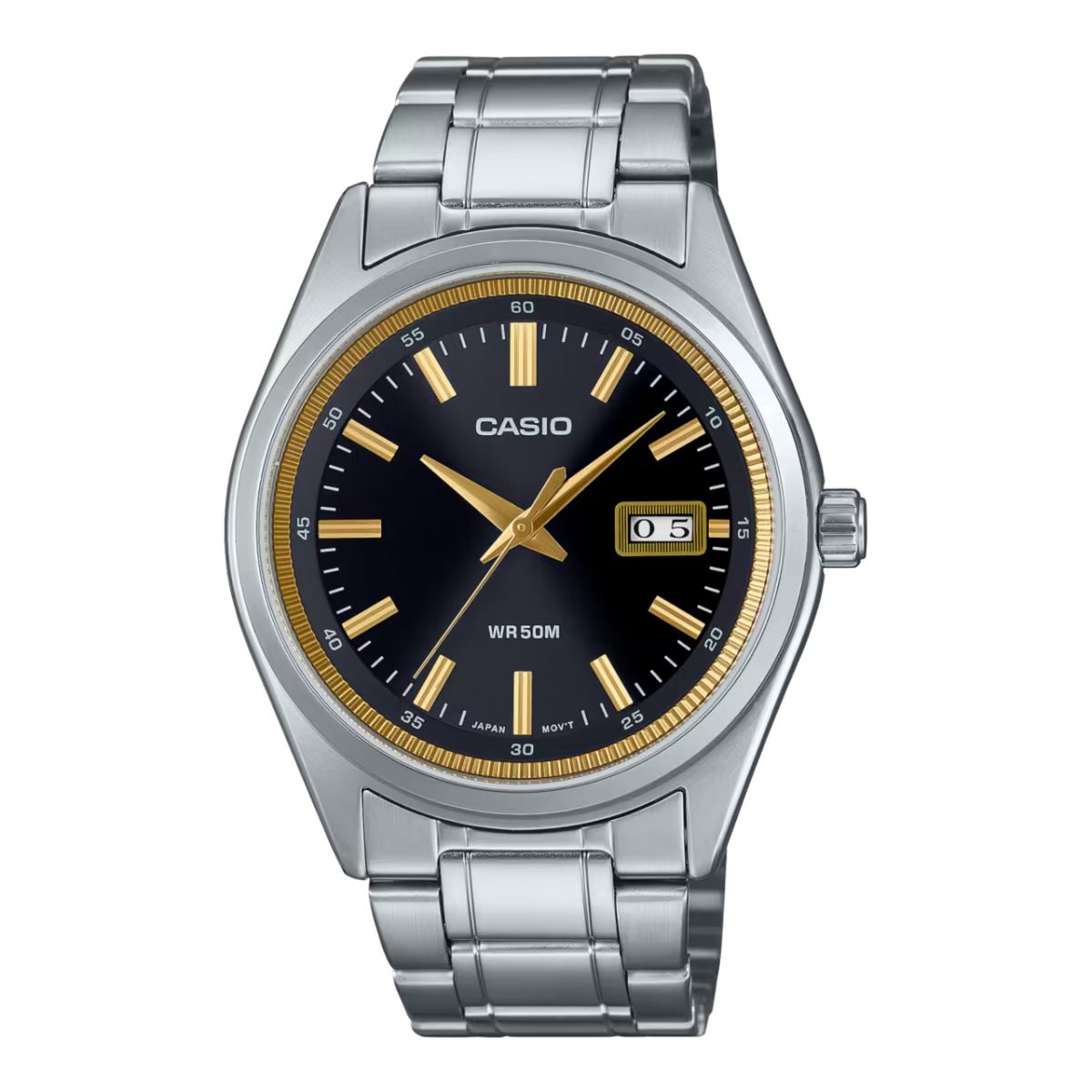 Casio watch with silver bracelet and black dial on a white background