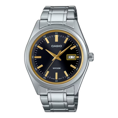 Casio watch with silver bracelet and black dial on a white background
