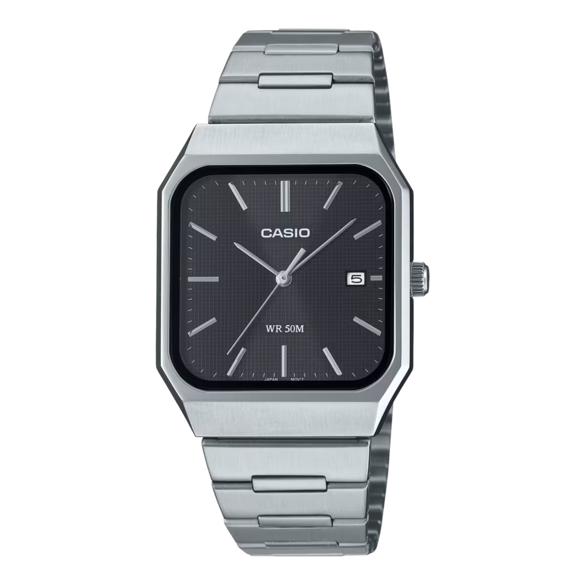 Casio watch with silver metal strap and black face on a white background