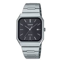 Casio watch with silver metal strap and black face on a white background