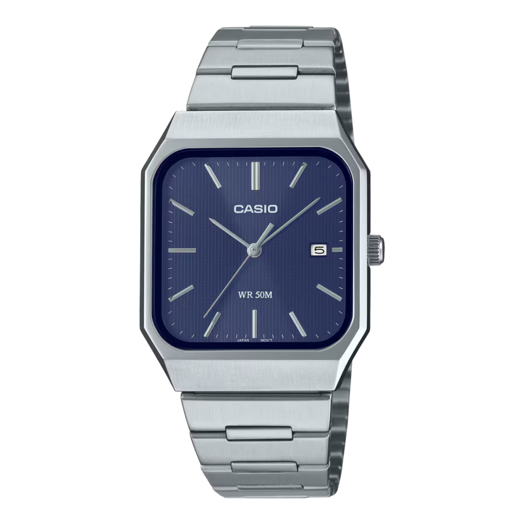 Casio watch with blue face and silver metal strap on a white background
