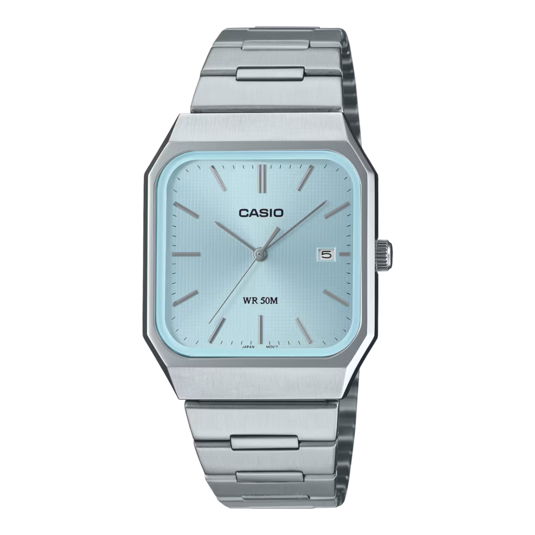 Silver Casio watch with a light blue face on a white background