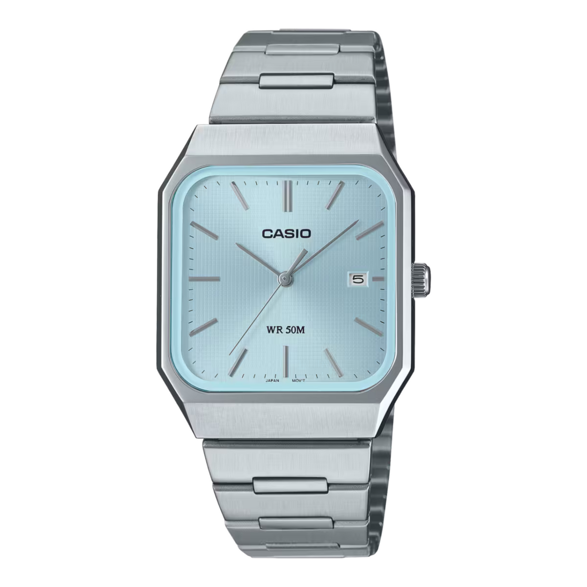 Silver Casio watch with a light blue face on a white background
