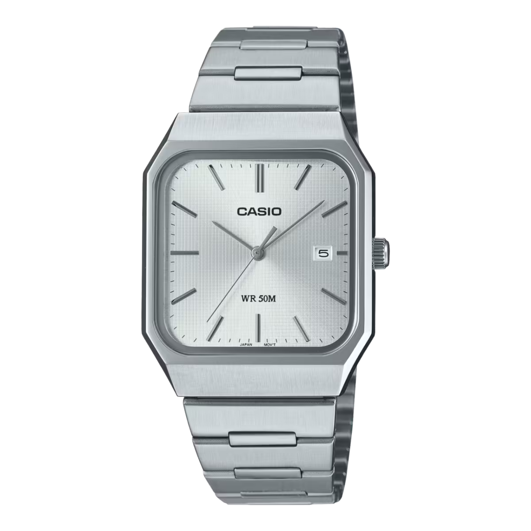 Silver Casio watch with a white face on a white background