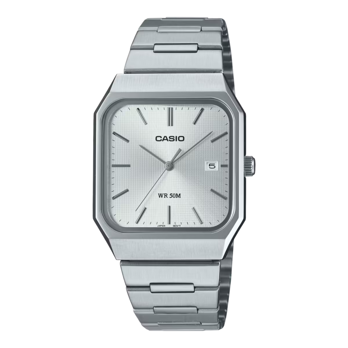 Silver Casio watch with a white face on a white background