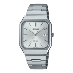 Silver Casio watch with a white face on a white background