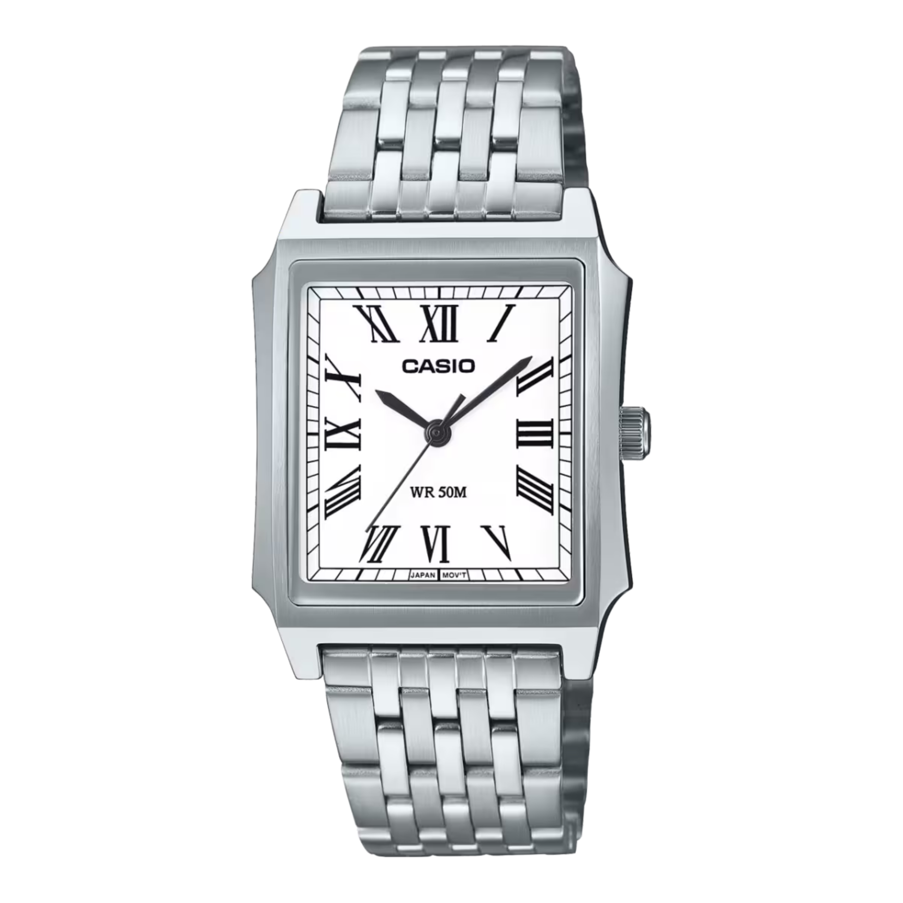 Silver Casio watch with a white face on a white background