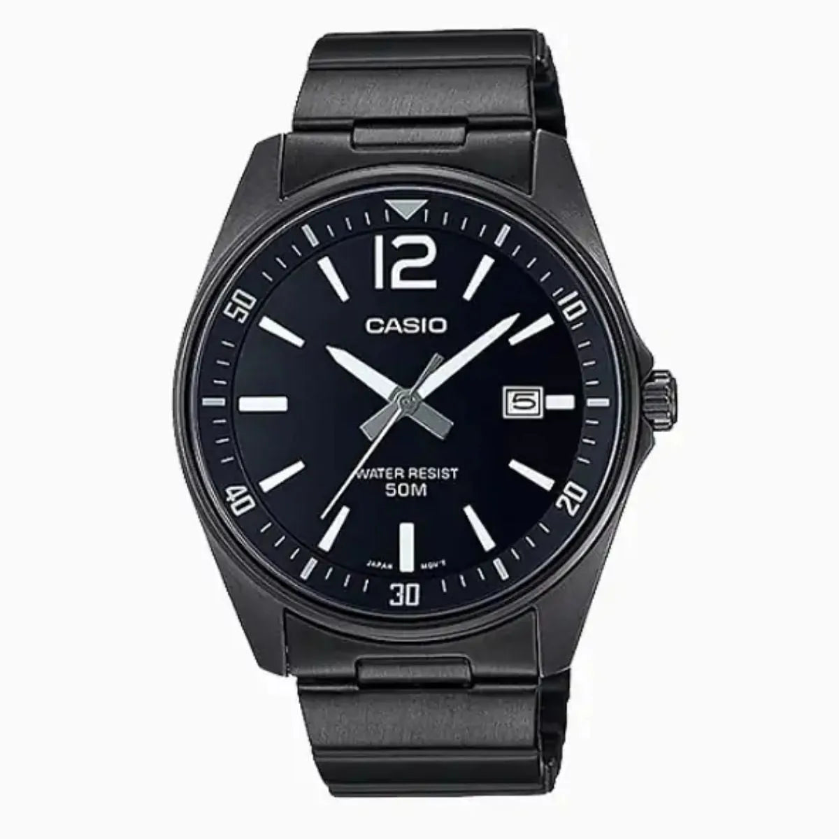 Black Casio watch with a white dial on a white background