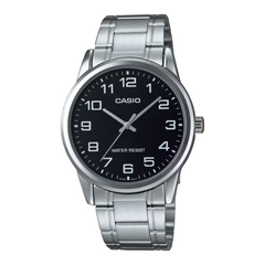 Casio watch with black dial and silver metal strap on a white background
