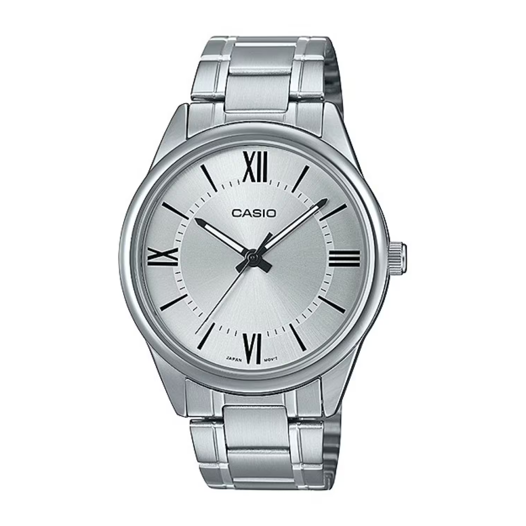 Silver Casio watch with a white face on a white background