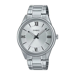 Silver Casio watch with a white face on a white background