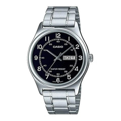 Casio watch with silver metal strap and black dial on a white background