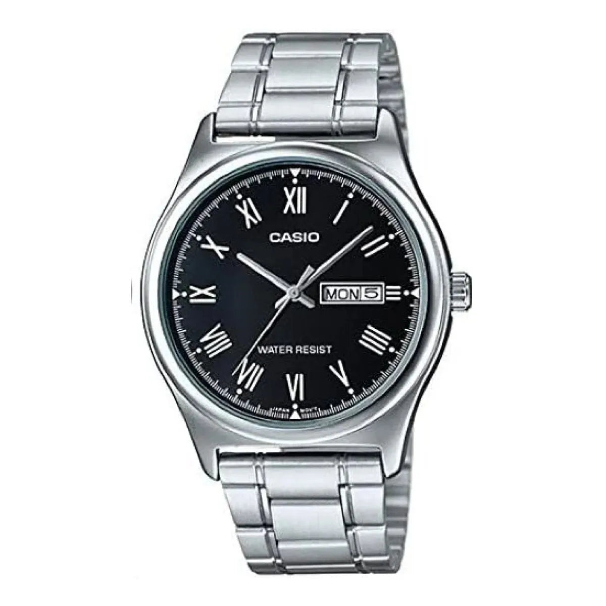 Casio watch with black dial and silver metal strap on a white background