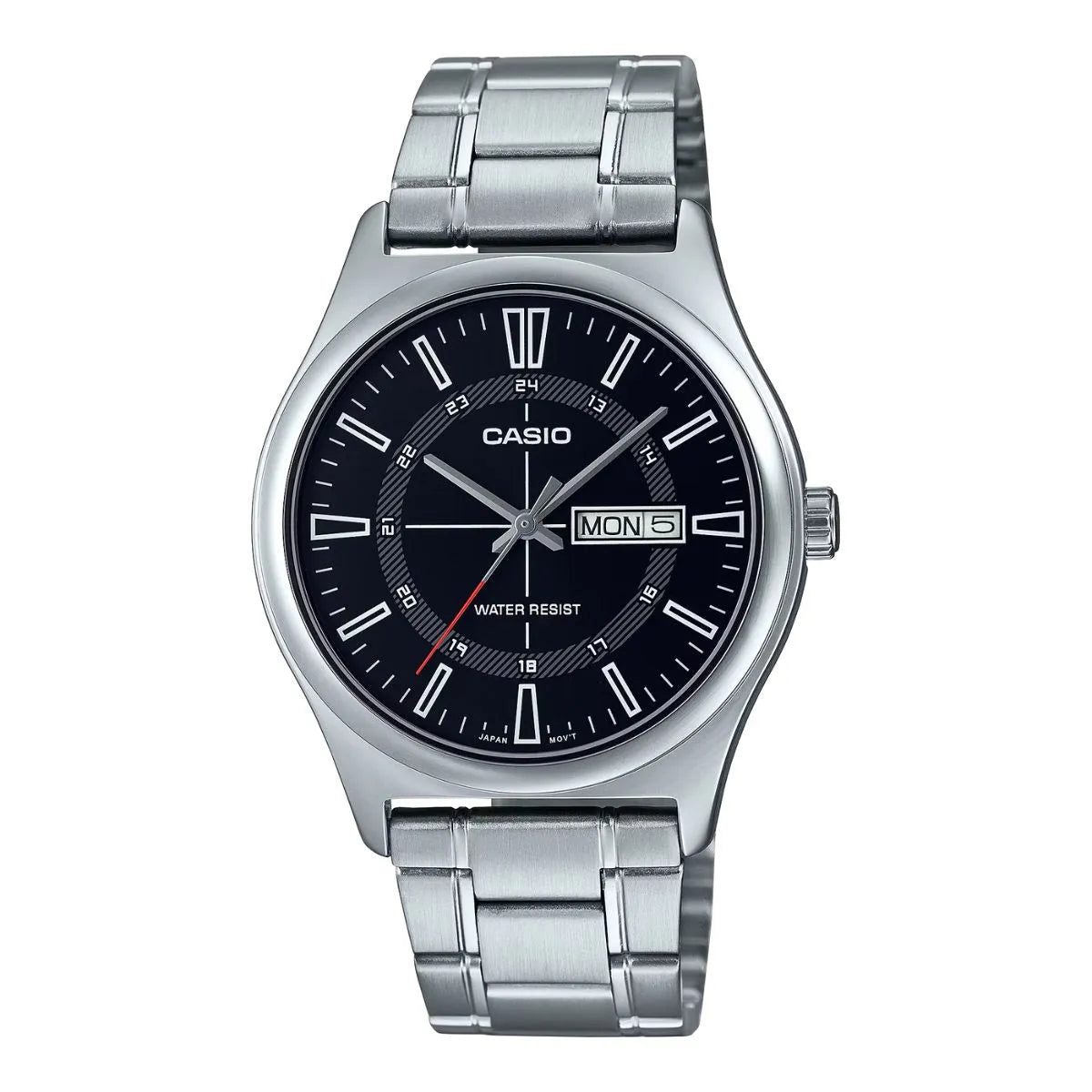 Casio watch with silver metal strap and black dial on a white background