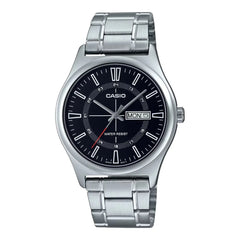 Casio watch with silver metal strap and black dial on a white background