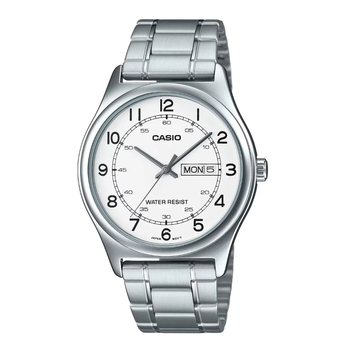 Casio watch with silver metal strap on a white background