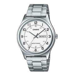 Casio watch with silver metal strap on a white background