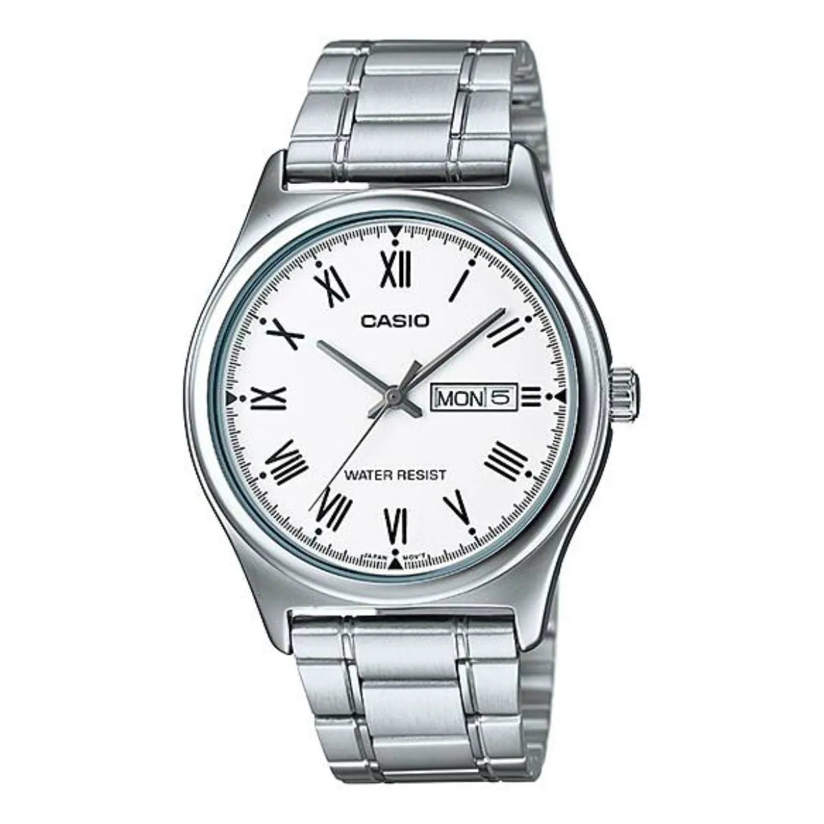 Casio watch with silver metal strap on a white background