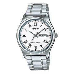 Casio watch with silver metal strap on a white background