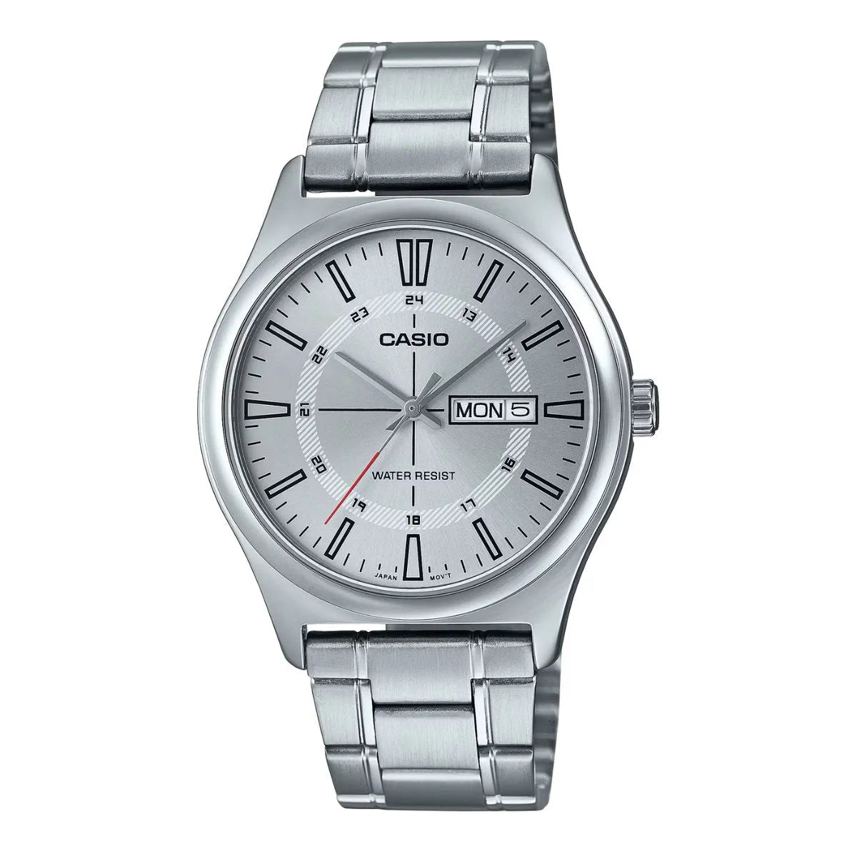 Silver Casio watch with a white face on a white background