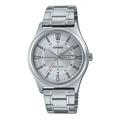 Silver Casio watch with a white face on a white background