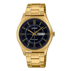 Gold Casio watch with black dial on a white background