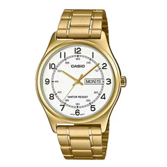 Gold Casio watch with a white face on a white background