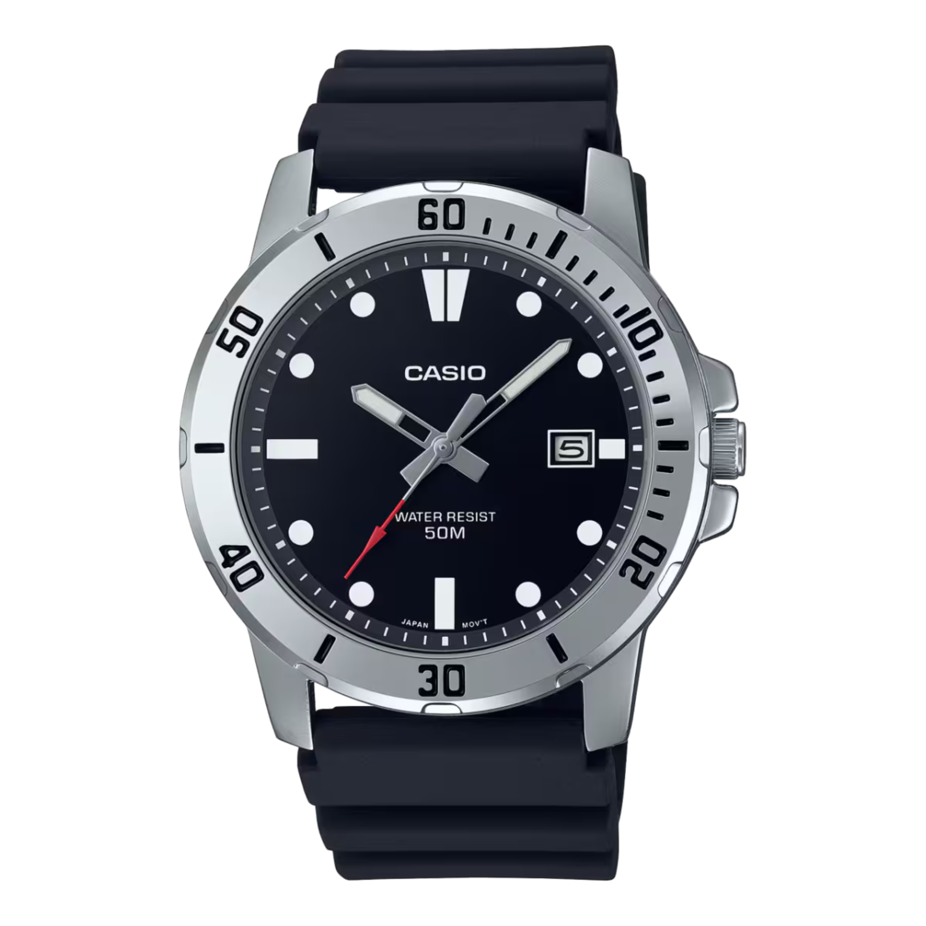 Casio watch with black strap and black dial on a white background