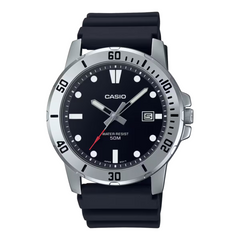 Casio watch with black strap and black dial on a white background