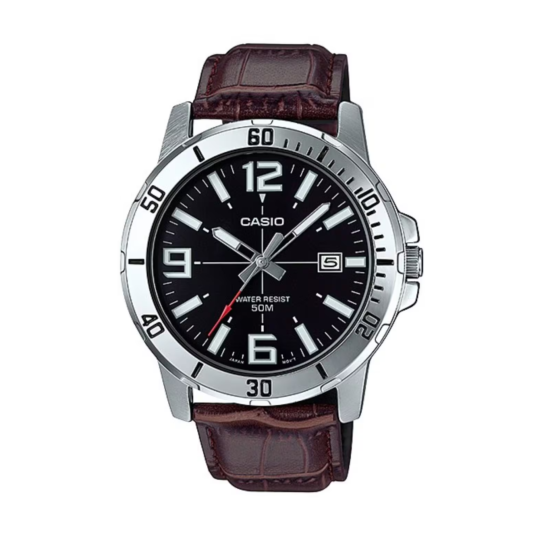 Casio watch with brown leather strap and black dial on a white background