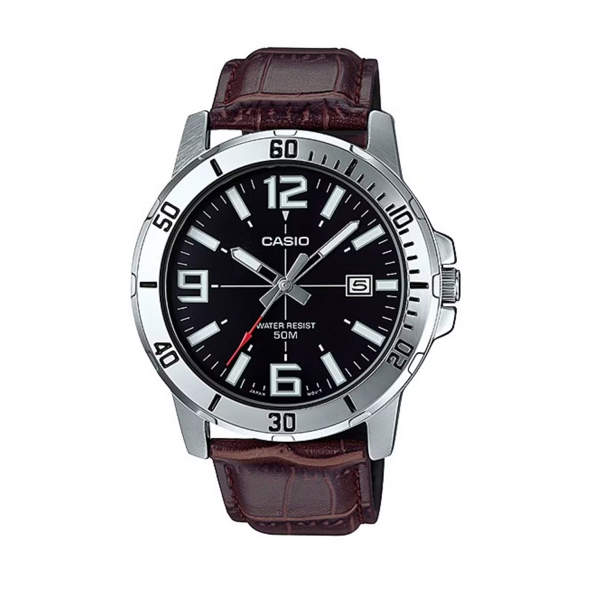 Casio watch with brown leather strap and black dial on a white background
