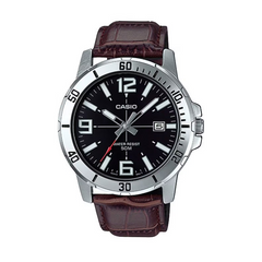 Casio watch with brown leather strap and black dial on a white background