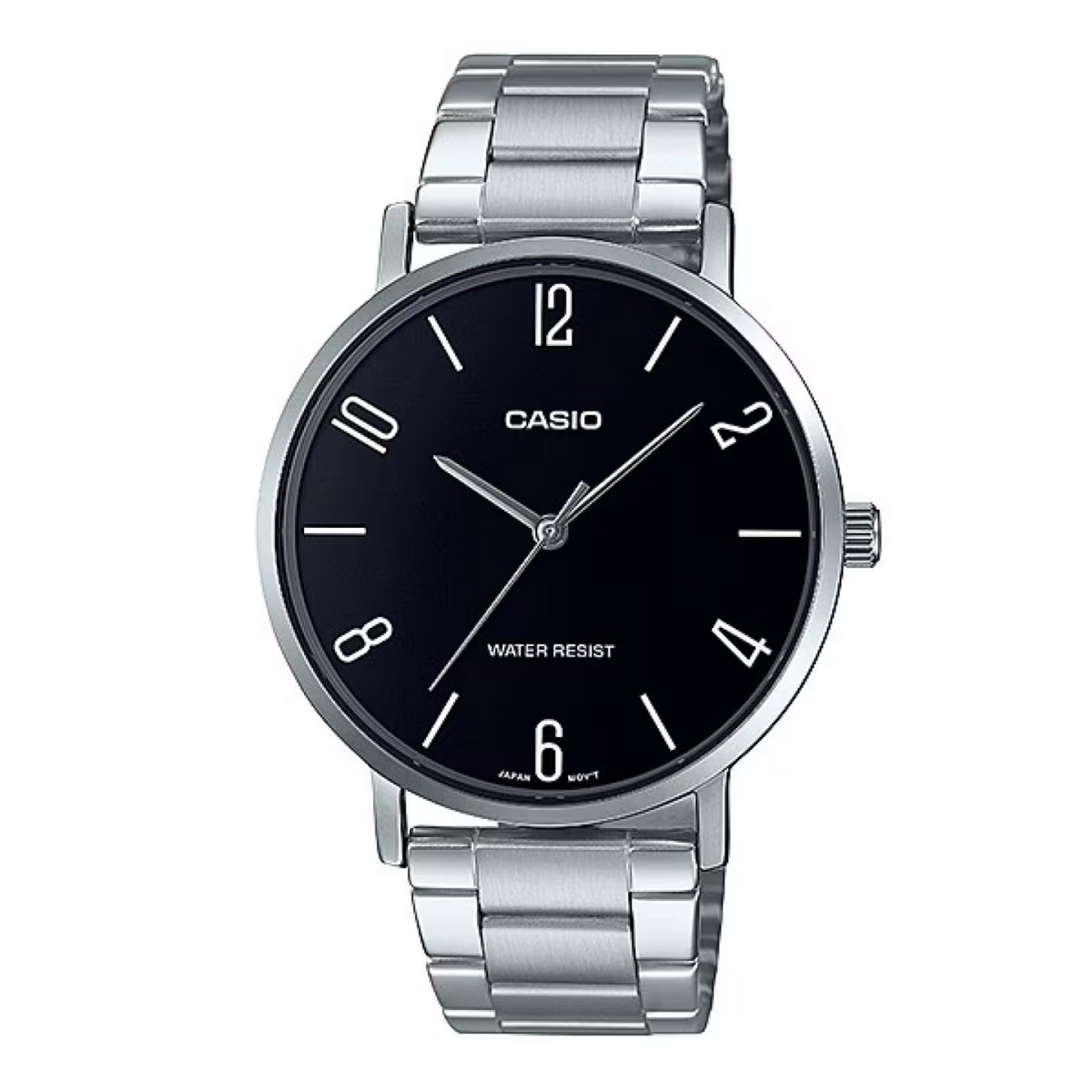 Casio watch with black face and silver metal strap on a white background