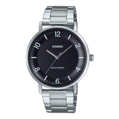 Casio watch with black dial and silver metal strap on a white background