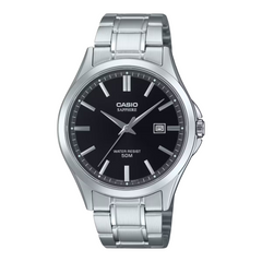 Casio watch with black dial and silver metal strap on a white background