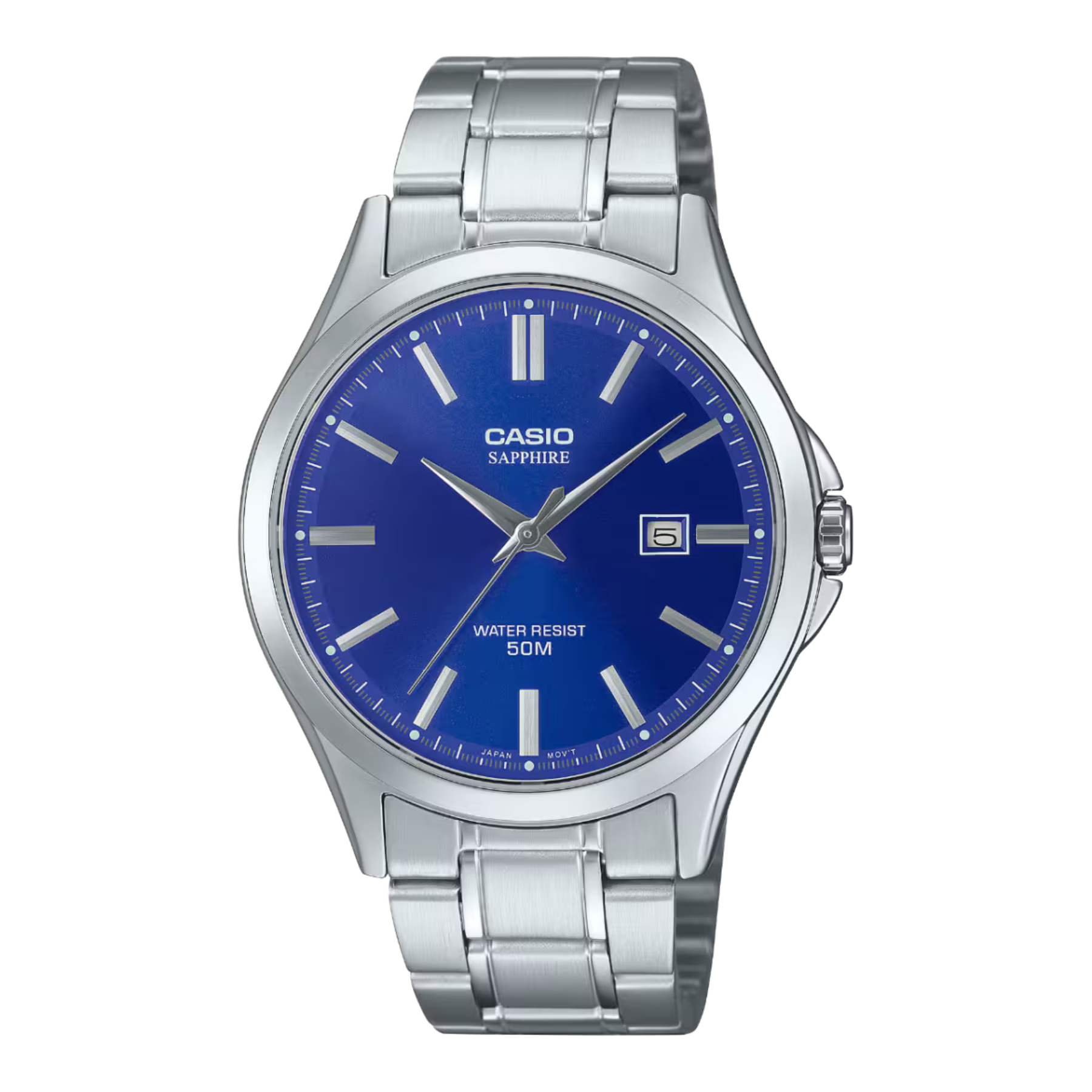 Casio watch with blue dial and silver metal strap on a white background