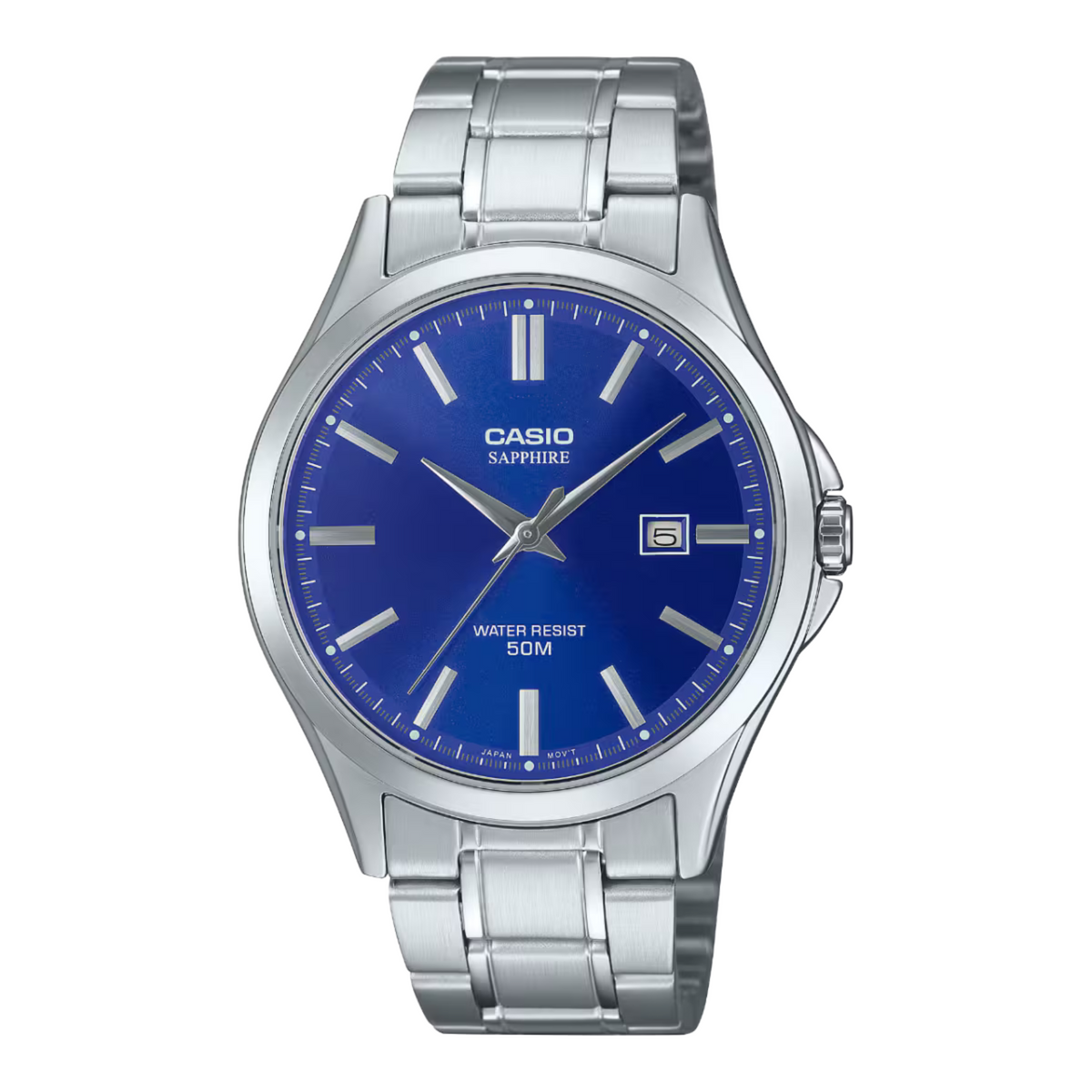 Casio watch with blue dial and silver metal strap on a white background