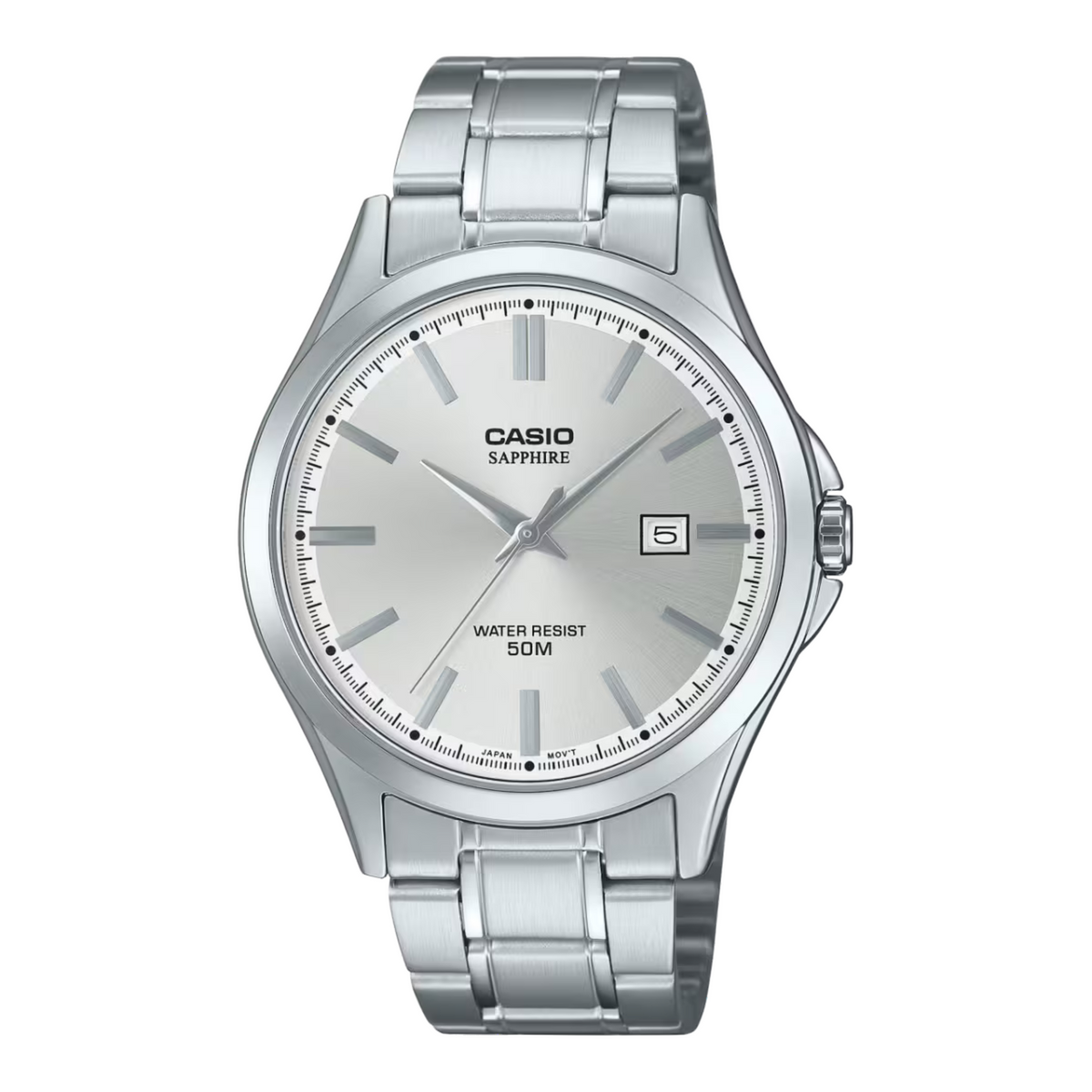 Silver Casio watch with a white face on a white background