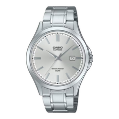 Silver Casio watch with a white face on a white background