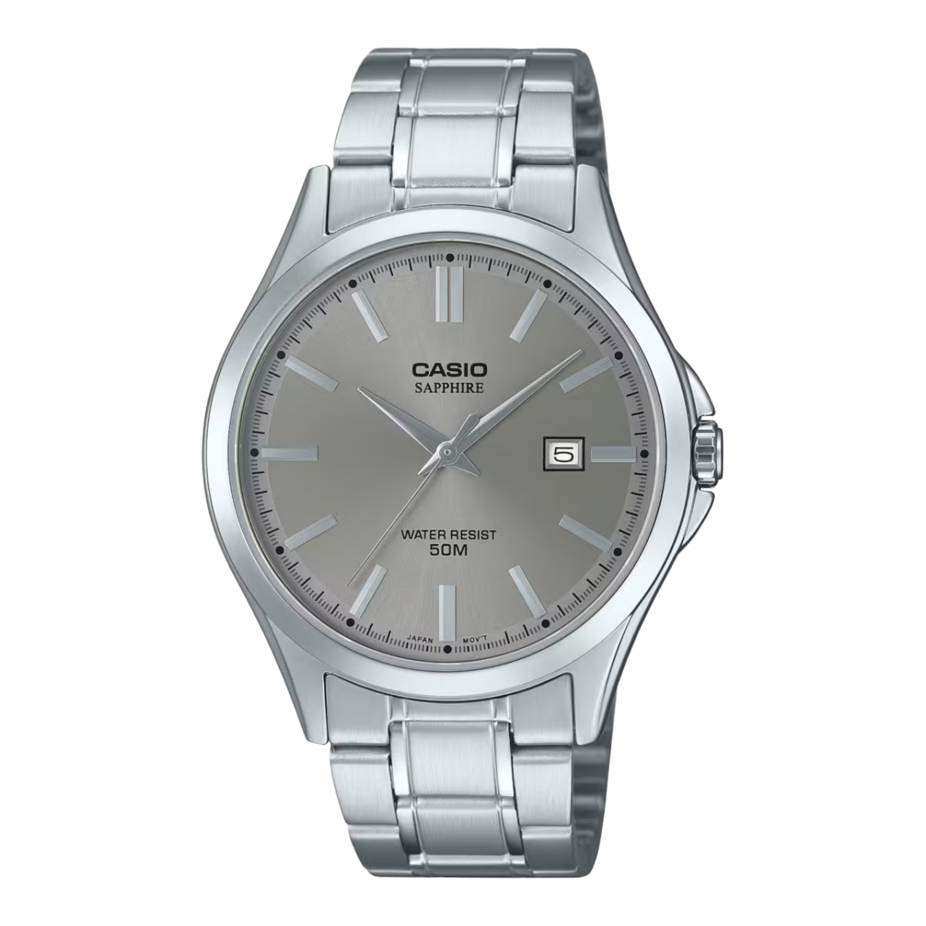 Silver Casio watch with a white background