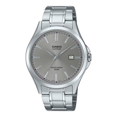 Silver Casio watch with a white background