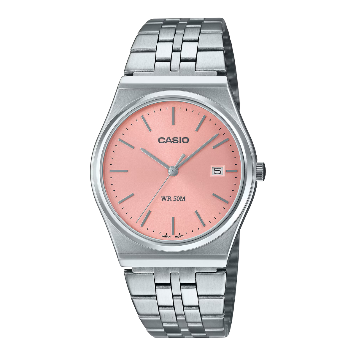 Casio watch with pink dial and silver metal strap on a white background
