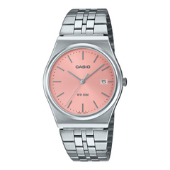 Casio watch with pink dial and silver metal strap on a white background