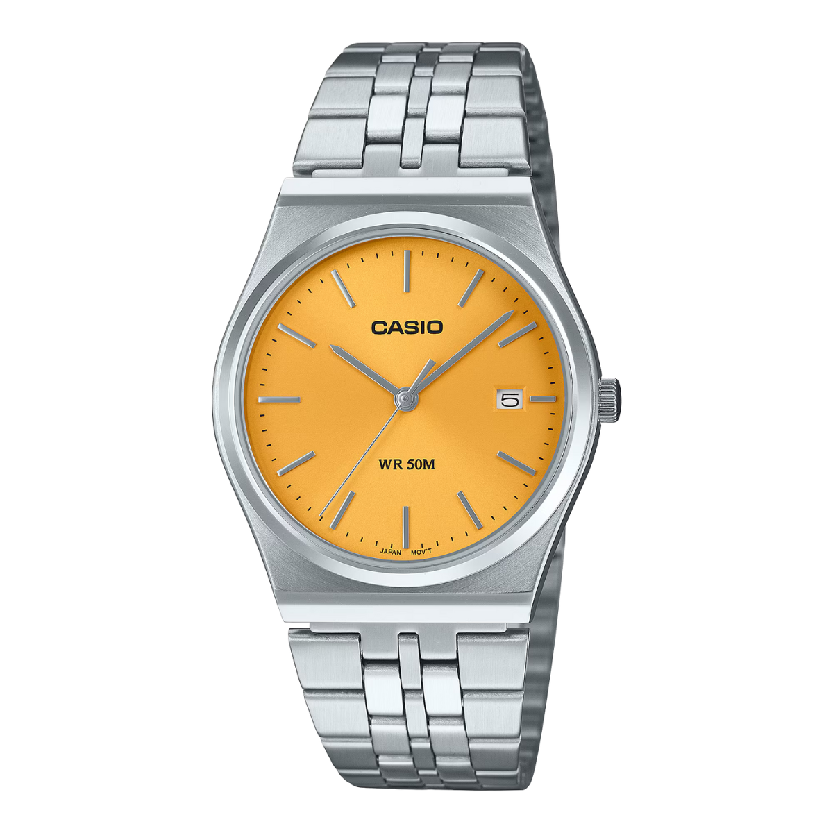Casio watch with silver metal strap and orange dial on a white background