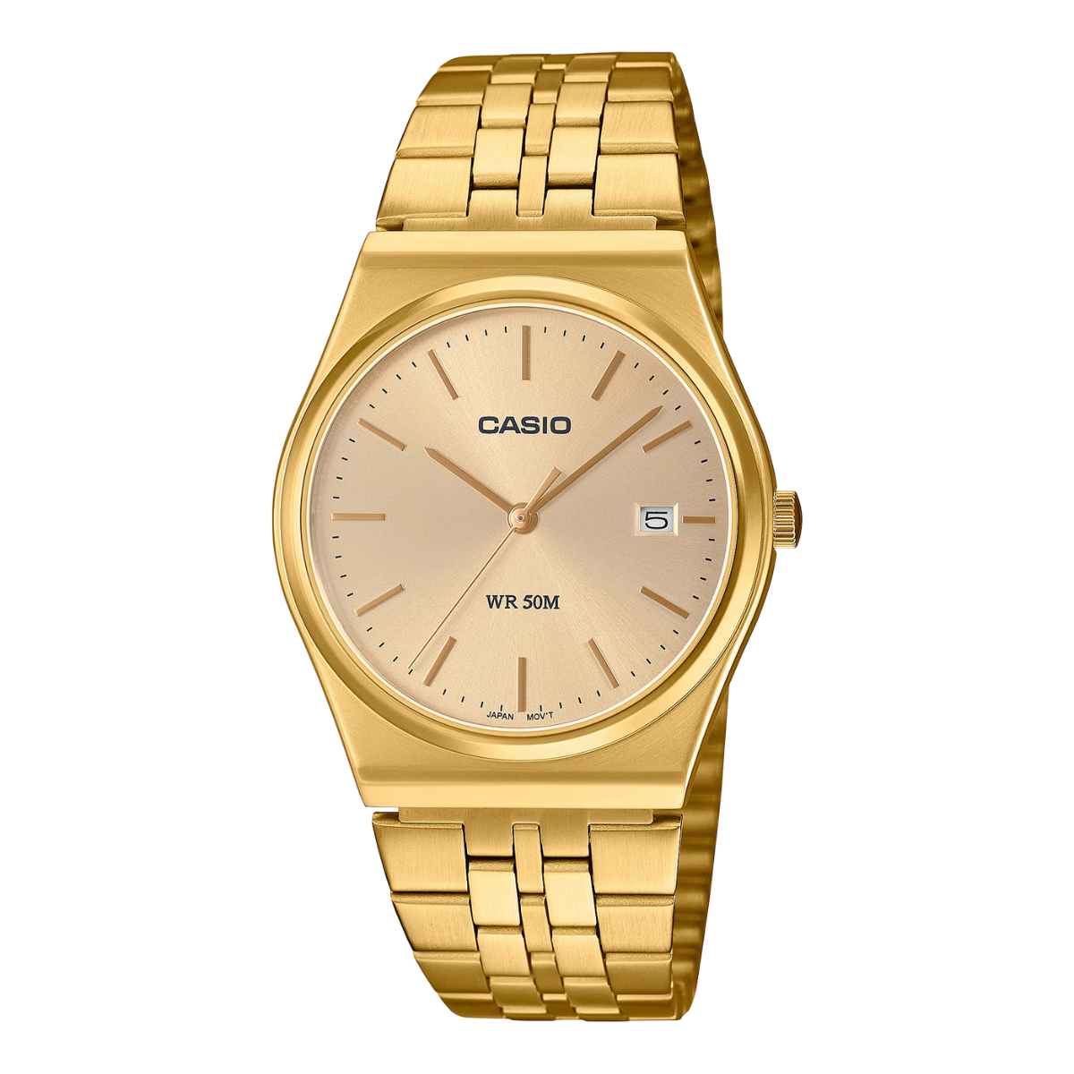 Gold Casio watch on a white background