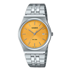 Casio watch with silver metal strap and orange dial on a white background