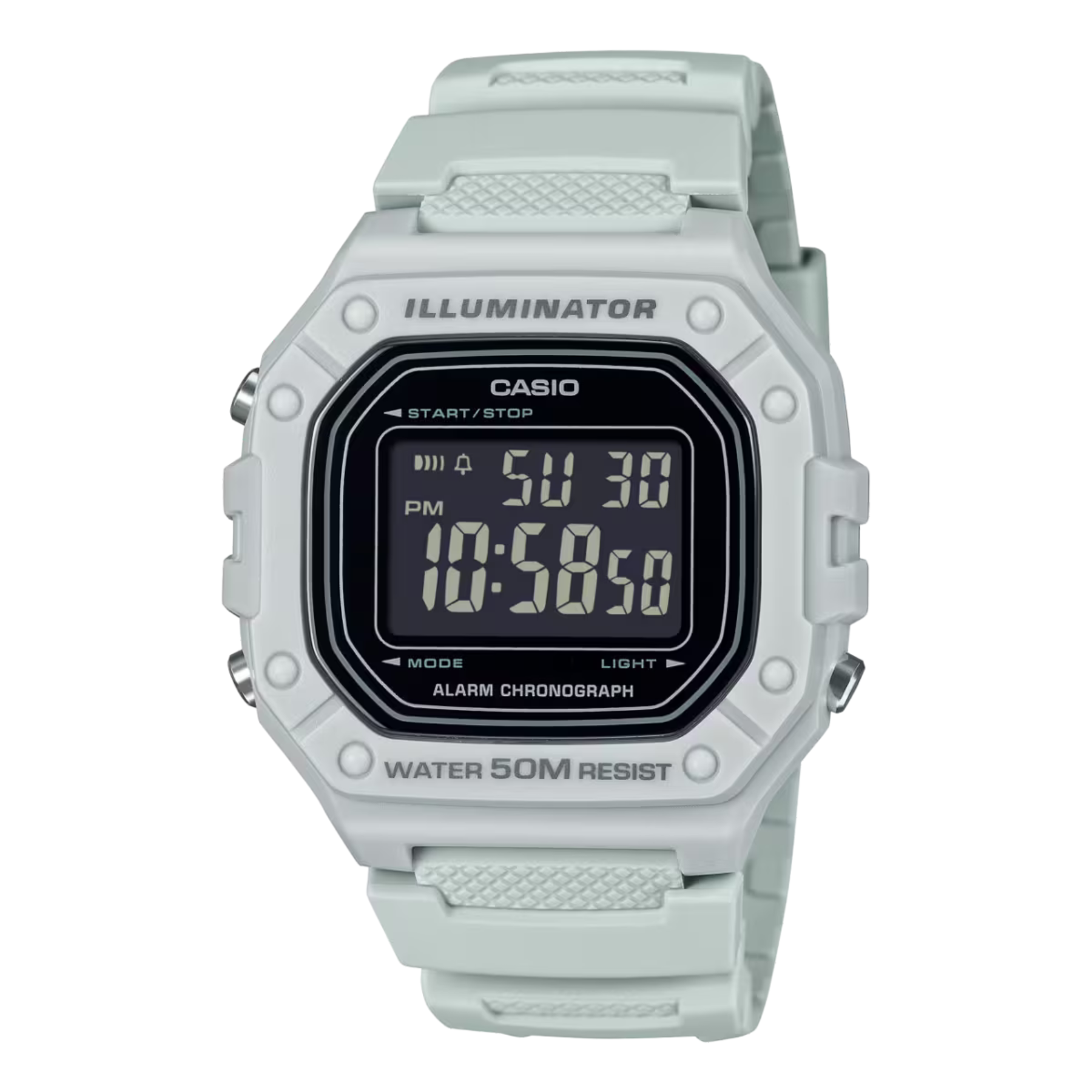 Digital watch with a light gray strap on a white background
