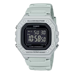 Digital watch with a light gray strap on a white background